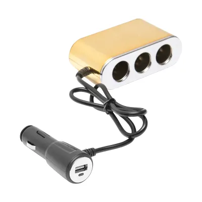 Adaptor bricheta auto tripla 12/24V auriu cu intrerupator individual si 1 port USB 5V 2.1A - imagine 3