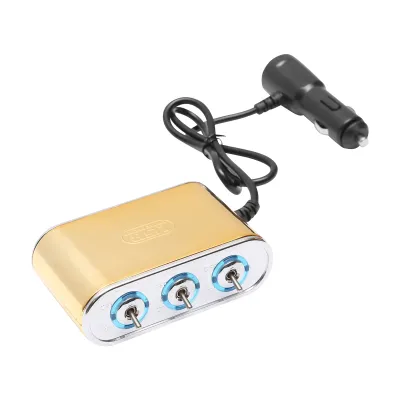 Adaptor bricheta auto tripla 12/24V auriu cu intrerupator individual si 1 port USB 5V 2.1A - imagine 2