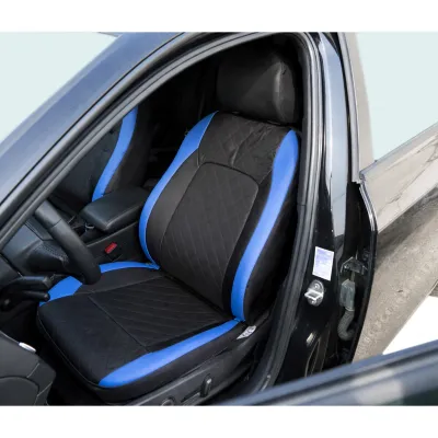 Set huse scaune auto universale negru-albastru Diamond, piele ecologica matlasata cu textil 9 piese - imagine 4