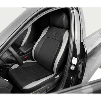 Set huse scaune auto universale negru-gri Diamond, piele ecologica matlasata 9 piese - imagine 4