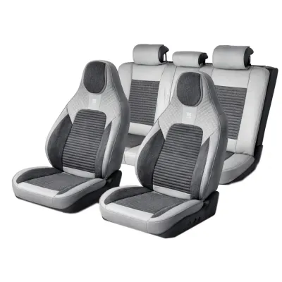 Set huse scaune auto Premium crem-gri universale, design sport ergonomic, piele ecologica cu insertii textile 11 piese