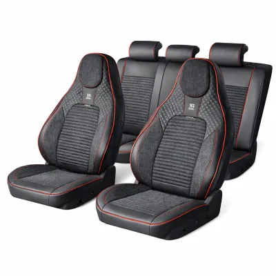 Set huse scaune auto Premium negru-rosu universale, design sport ergonomic, piele ecologica cu insertii textile 11 piese