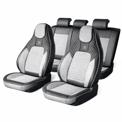 Set huse scaune auto Premium negru-gri universale, design sport ergonomic, piele ecologica cu insertii textile 11 piese