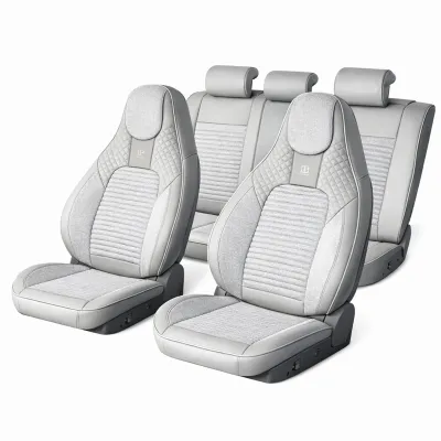 Set huse scaune auto Premium crem-gri universale, design sport ergonomic, piele ecologica cu insertii textile 11 piese