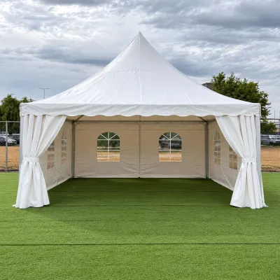 Cort evenimente pavilion tip pagoda 5x5m, alb impermeabil UV, acoperis PVC 750g/m2, cadru otel-aluminiu 48x48x2.5mm