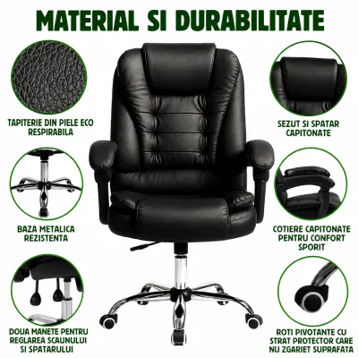 Scaun de birou ergonomic directorial cu suport lombar, piele ecologica neagra, rotativ, spatar si inaltime reglabile - imagine 6