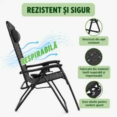 Scaun relaxare pliabil zero gravity tip sezlong negru cu suport pahar si tava, tetiera detasabila, structura otel - imagine 10