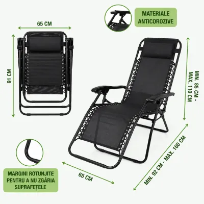 Scaun relaxare pliabil zero gravity tip sezlong negru cu suport pahar si tava, tetiera detasabila, structura otel - imagine 8