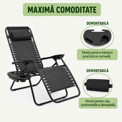 Scaun relaxare pliabil zero gravity tip sezlong negru cu suport pahar si tava, tetiera detasabila, structura otel - imagine 11