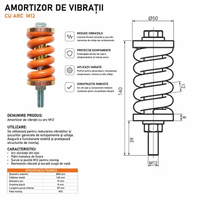 Amortizor de vibratii cu arc M12x140mm - imagine 3
