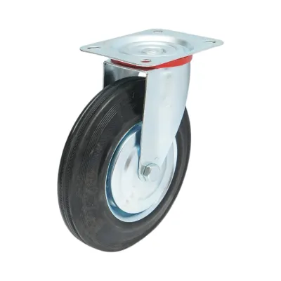 Roata pivotanta industriala 200x44mm fara frana, cauciuc plin negru, placa otel 135x105mm 140kg