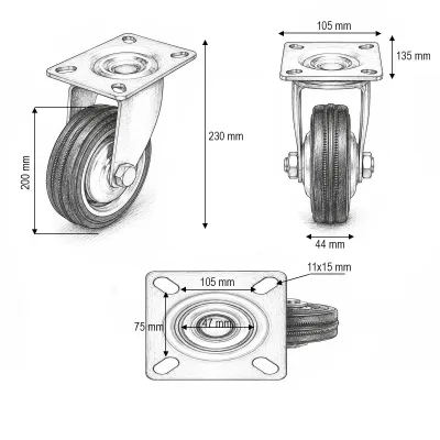 Roata pivotanta industriala 200x44mm fara frana, cauciuc plin negru, placa otel 135x105mm 140kg - imagine 3