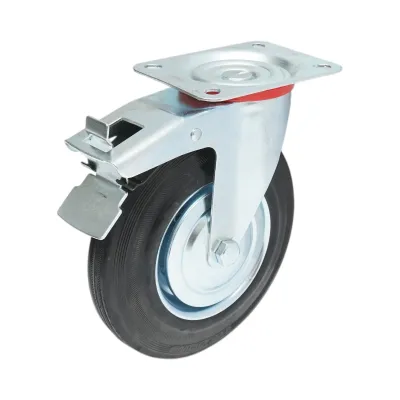 Roata pivotanta industriala 200x44mm cu frana, cauciuc plin negru, placa otel 135x105mm 140kg