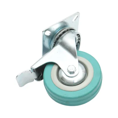Roata pivotanta 75x21mm cu frana, cauciuc plin albastru, placa otel 65x65mm 45kg - imagine 6