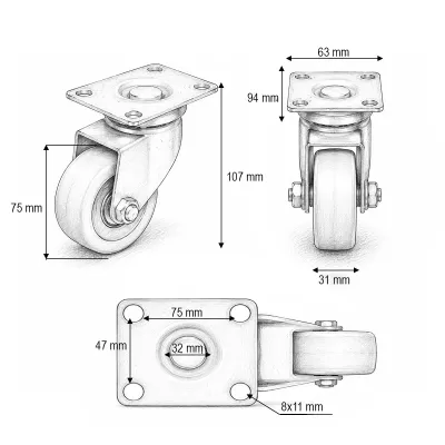 Roata pivotanta 75x31mm fara frana, PVC portocaliu, placa otel 94x63mm 80kg - imagine 3
