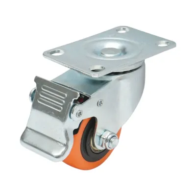 Roata pivotanta 64x31mm cu frana, PVC portocaliu, placa otel 94x63mm 60kg