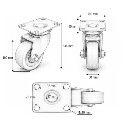 Roata pivotanta industriala 100x50mm fara frana, cauciuc plin negru, placa otel 115x100mm 100kg - imagine 3