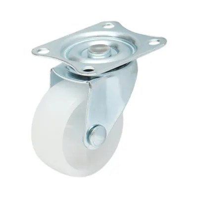 Roata pivotanta 40x17mm fara frana, polipropilena alba, placa otel 45x38mm 20kg