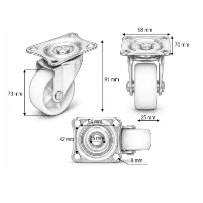Roata pivotanta 73x25mm fara frana, polipropilena alba, placa otel 70x58mm 45kg - imagine 3