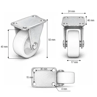 Roata fixa 40x17mm fara frana, polipropilena alba, placa otel 46x24mm 20kg - imagine 3
