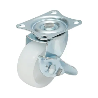 Roata pivotanta 40x17mm cu frana, polipropilena alba, placa otel 45x38mm 20kg
