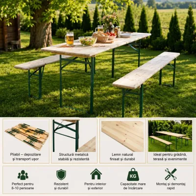 Set berarie cu masa si 2 banci pliabile din lemn masiv pentru gradina, terasa, evenimente 2200x600x770mm - imagine 4