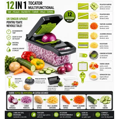 Tocator de legume multifunctional 12 in 1 manual, 8 lame inox interschimbabile, taietor legume, feliator, razatoare, decojitor, separator oua, recipient colectare - imagine 4
