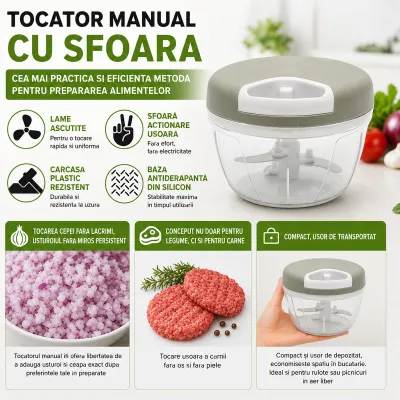 Tocator manual de legume cu sfoara, 3 lame inox, capacitate 500ml - imagine 6