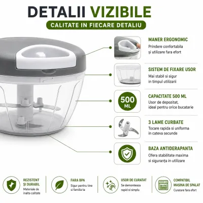 Tocator manual de legume cu sfoara, 3 lame inox, capacitate 500ml - imagine 7