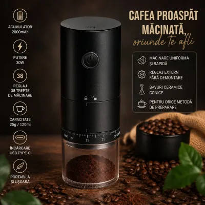 Rasnita electrica de cafea portabila cu acumulator 2000mAh, 30W, reglaj macinare 38 trepte, capacitate 25g/120ml, reincarcabila USB Type-C - imagine 3