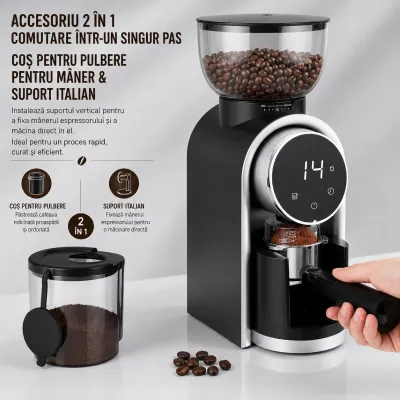 Rasnita electrica de cafea automata 150W, 220V, reglaj macinare 25 trepte, afisaj digital touch, bavuri conice, recipient boabe 250g - imagine 6