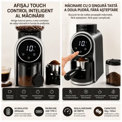 Rasnita electrica de cafea automata 150W, 220V, reglaj macinare 25 trepte, afisaj digital touch, bavuri conice, recipient boabe 250g - imagine 7