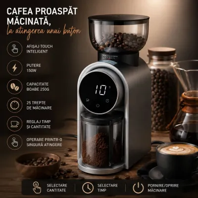 Rasnita electrica de cafea automata 150W, 220V, reglaj macinare 25 trepte, afisaj digital touch, bavuri conice, recipient boabe 250g - imagine 8