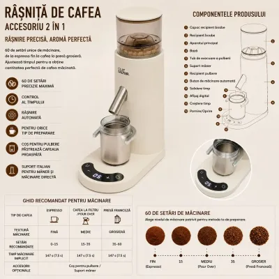 Rasnita electrica de cafea portabila cu acumulator 2600mAh, 110W, reglaj macinare 60 trepte, bavuri conice 41mm, afisaj digital touch, reincarcabila USB Type-C - imagine 3