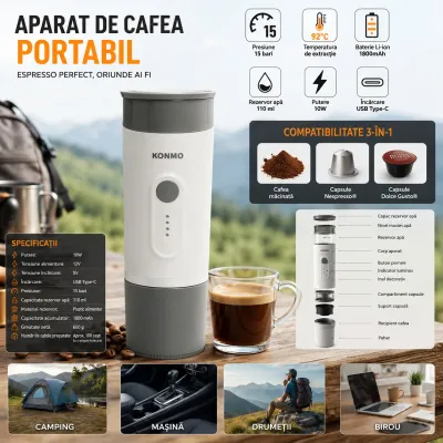 Aparat de cafea portabil cu acumulator 1800mAh, 12V, 10W, presiune 15 bar, rezervor apa 110ml, cafea macinata, capsule Nespresso - imagine 4