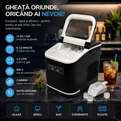 Aparat de facut gheata 12 kg/24h, rezervor apa 1.4L, cos colectare 600g, autocuratare - imagine 2
