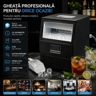 Masina de facut gheata profesionala 40 kg/24h, rezervor apa 3.5L, conexiune apa retea, cos colectare 4kg, autocuratare, afisaj LCD - imagine 2