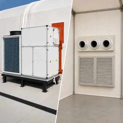 Sistem instalatie climatizare industriala 272.960 BTU, 80kW, 380V, functie incalzire si ventilatie, debit aer 17.500m3/h pentru corturi, hale, depozite 500–750m2 - imagine 2