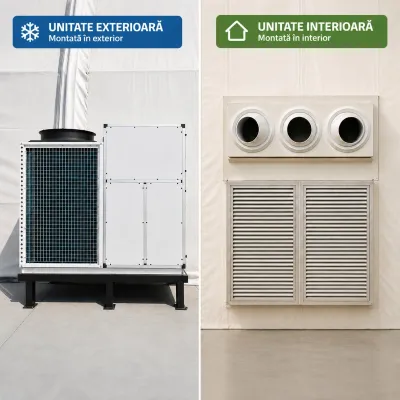 Sistem instalatie climatizare industriala 272.960 BTU, 80kW, 380V, functie incalzire si ventilatie, debit aer 17.500m3/h pentru corturi, hale, depozite 500–750m2