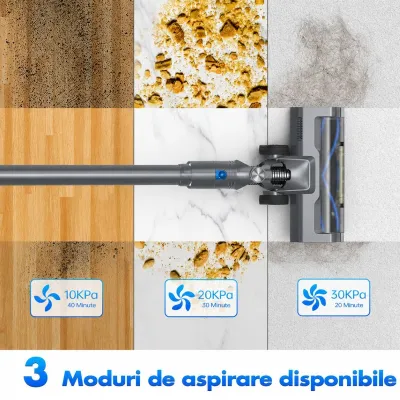 Aspirator vertical fara fir 200W, putere aspirare 30 kPa, baterie 2000mAh, recipient praf 600ml, 3 moduri de aspirare, ecran tactil LED, motor brushless, perie iluminata LED - imagine 17