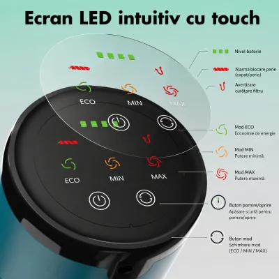 Aspirator vertical fara fir 300W, putere aspirare 35 kPa, baterie 2000mAh, recipient praf 800ml, 3 moduri de aspirare, ecran tactil LED, motor brushless, perie iluminata LED - imagine 14