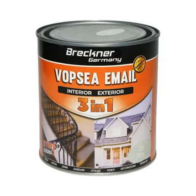 Vopsea email anticoroziva 3 in 1 gri 7001 pe baza de solvent 1L, direct pe rugina, interior si exterior Breckner Germany