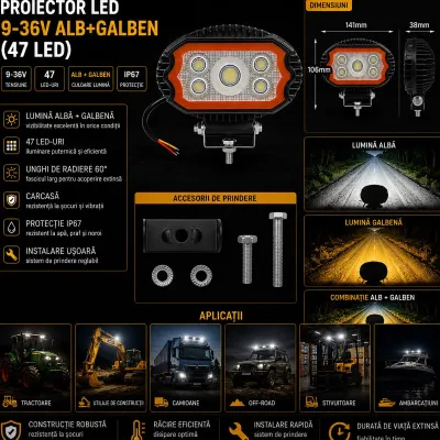 Proiector oval LED cu DRL 17W, 9-36V, 47 LED-uri, alb-galben, carcasa aluminiu 141x106x38mm IP67 Breckner Germany - imagine 3