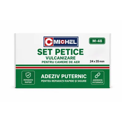 Set 48 petice vulcanizare ovale 24x35mm + 1 tub adeziv 20ml pentru camere de aer M-48 Michel - imagine 2