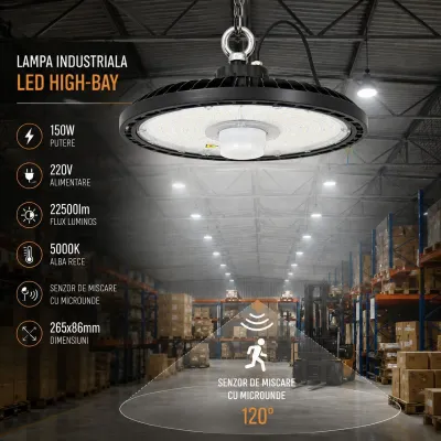 Lampa industriala LED High-Bay 150W, 220V, 5000K, 22500lm, senzor de miscare cu microunde pentru hale, depozite 265x86mm Breckner Germany - imagine 4