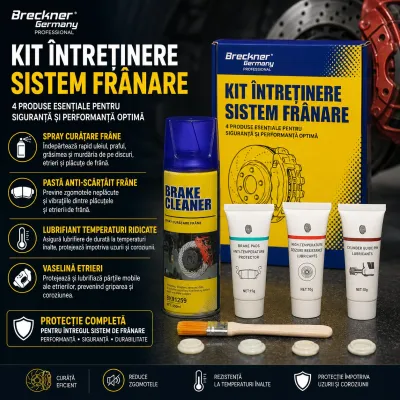 Kit intretinere sistem franare cu spray curatare frane, pasta anti-scartait, lubrifiant temperaturi ridicate si vaselina etrieri Breckner Germany - imagine 6