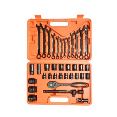 Trusa chei tubulare 8-32mm si chei combinate fixe-inelare 6-19mm, antrenor cu clichet, prelungitor T 250mm, cardan 1/2 inch Cr-V 37 piese Breckner Germany - imagine 2