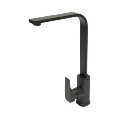 Baterie chiuveta bucatarie negru mat cu pipa inalta patrata, monocomanda, aliaj zinc, furtunuri incluse