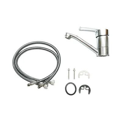 Baterie chiuveta bucatarie cu pipa rotativa, monocomanda, crom lucios, aliaj zinc, furtunuri incluse - imagine 2