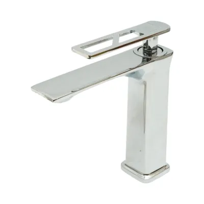 Baterie lavoar baie inalta patrata, monocomanda, crom lucios, aliaj zinc, furtunuri incluse